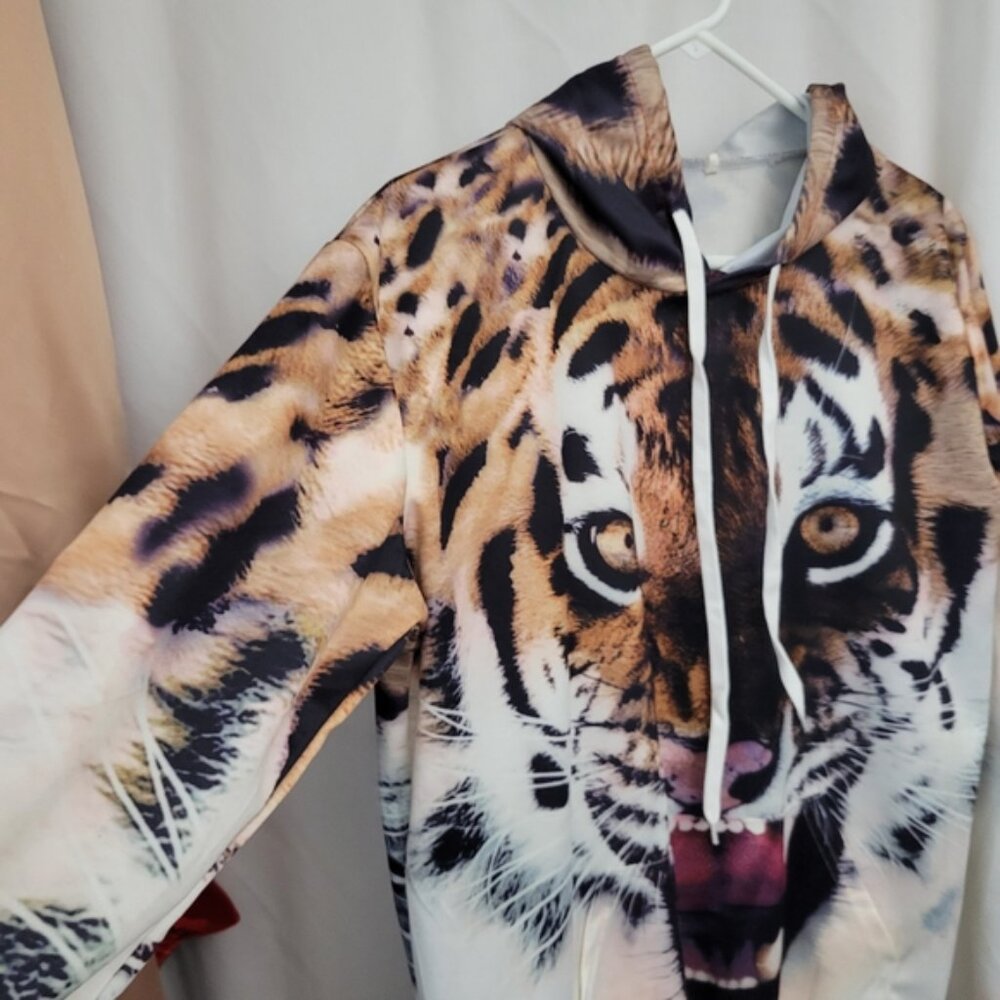 Hoodie Tiger Print drawstring Large pullover Indie Streetwear Grunge Hooded - Picture 5 of 10